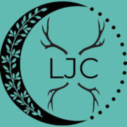 Logo of quarter moon with LJC in the middle. Deer antlers frame the initials, all centered in the moon in teal and black