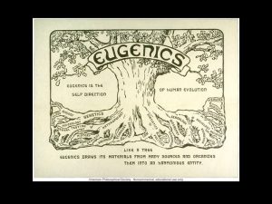 Image from the American Philosophical Society shows a great tree with deep roots drawn in the style of the day. A banner across the top of the tree reads: EUGENICS. Words written into the roots of the tree include Social work, medicine, genetics, mental testing, sociology, religion, etc. To the left of the tree and it's roots are the words: "eugenics is the self direction" and to the right of the tree are the finishing words: "of human evolution."