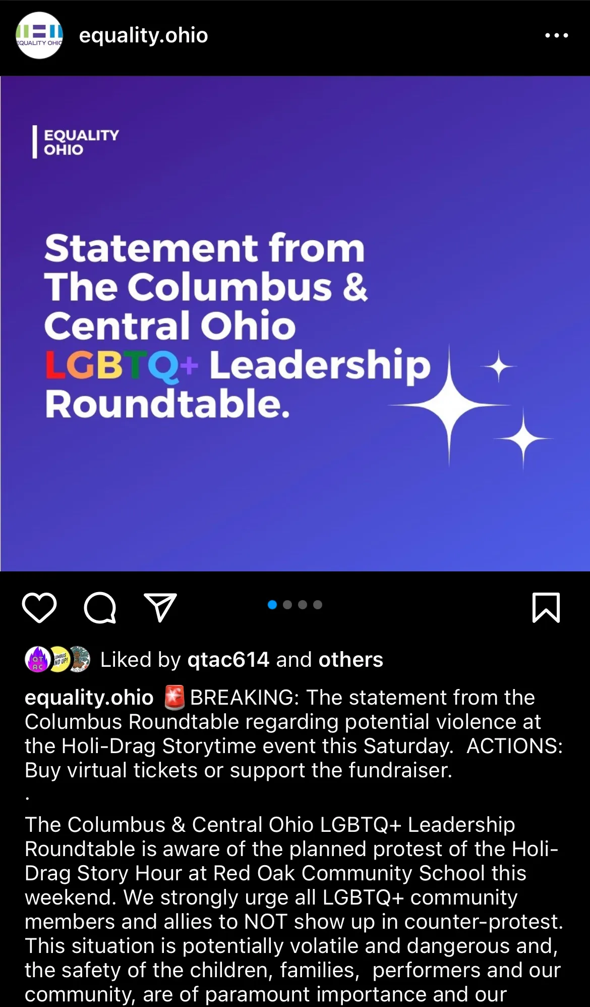 image description shows IG post from Equality Ohio reading: Statement from The Columbus & Central Ohio LGBTQ+ Leadership Roundtable.