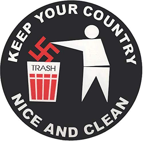 dark background with white figure of a person throwing a red swastika in the trash. Trash is labeled "trash". Keep your country in white lettering around top. nice and clean it reads, at the bottom.