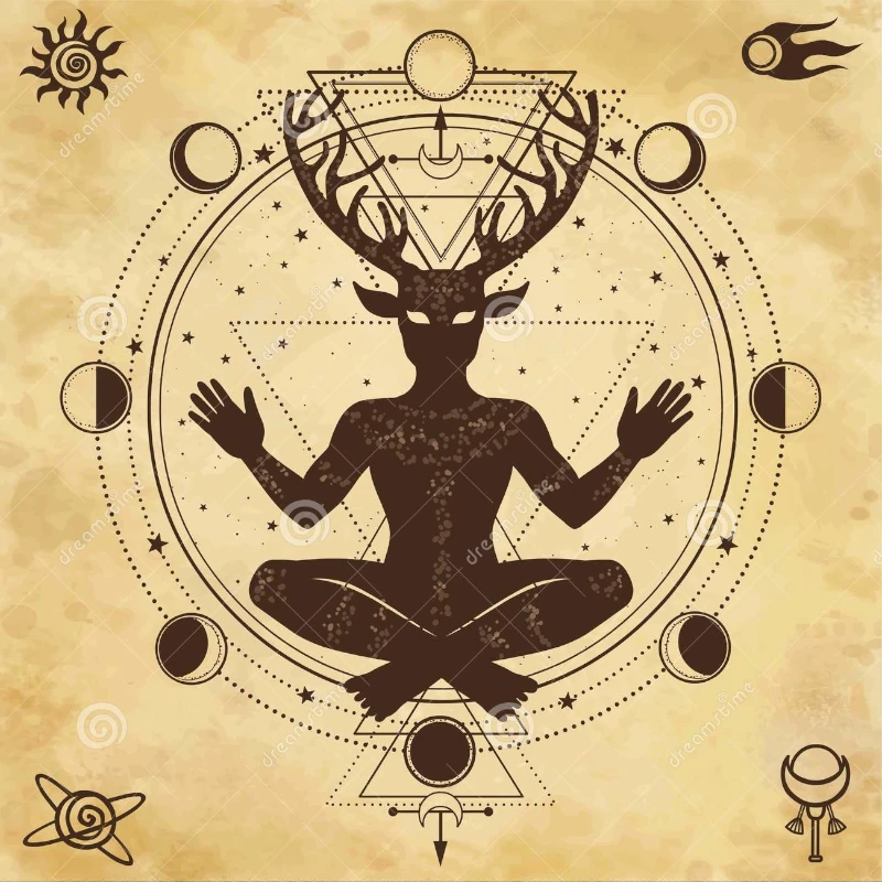 Witchcraft symbolism: illustration of horned god Cernunnos inside a circle of sacred geometry.