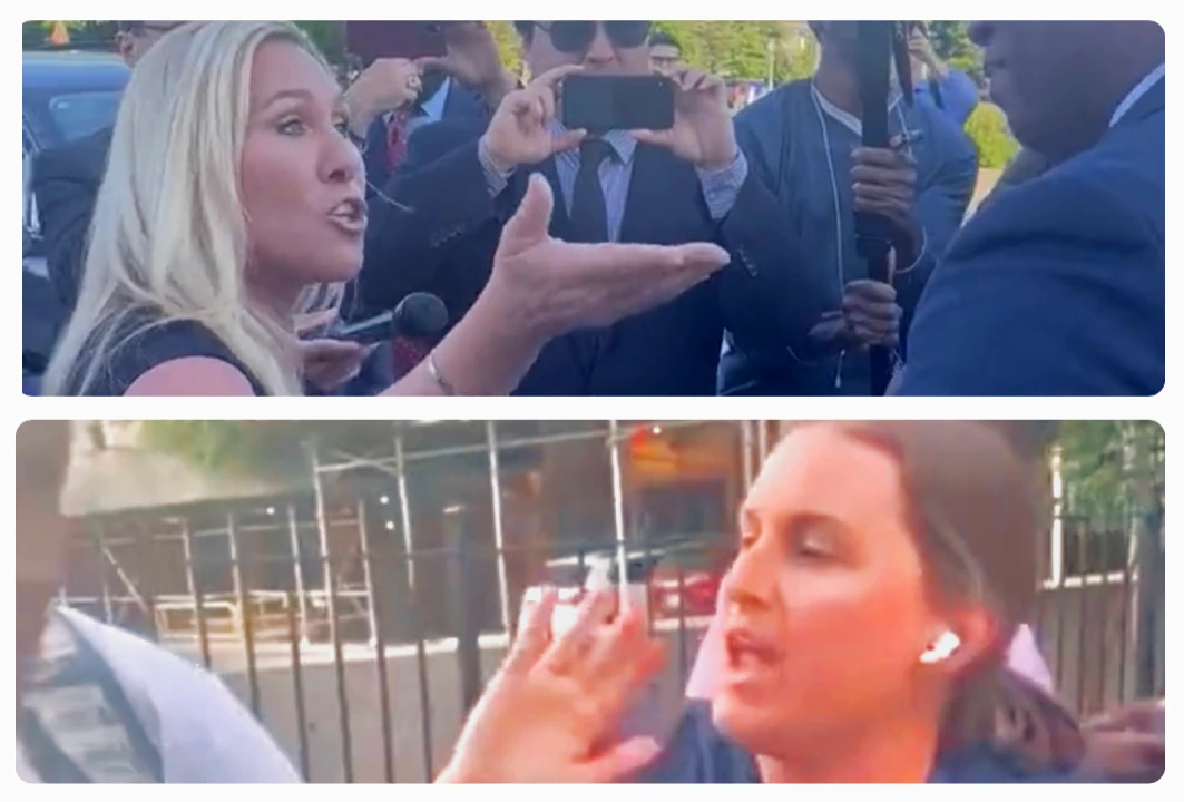 Split images with white borders. In the first: Blonde woman with animated face, US Rep Marjoree Taylor Greene makes a spectacle of feeling threatened by a Black man while she aggressively raises her hand between their bodies. Second photo: White woman berates Black youth with a dismissive palm.