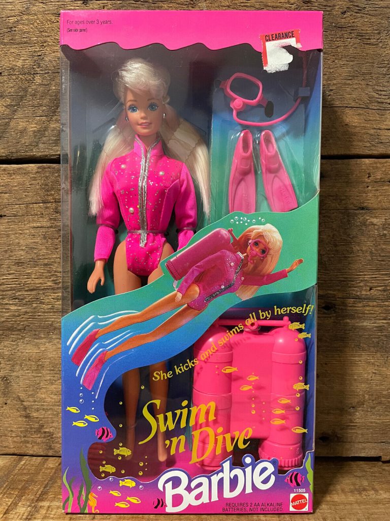 Image of a vintage 1993 Swim N Dive Barbie that can swim and dive by herself in the box