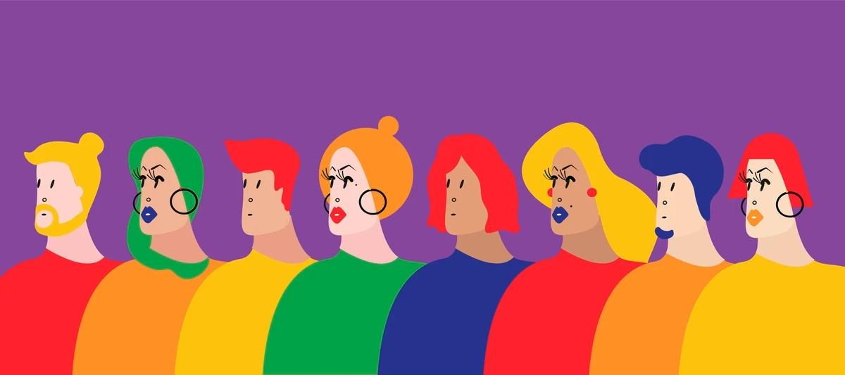 Illustration of people with different hair color, hair styles, skin tones, and clothing, suggesting transgender identity and representing pride.