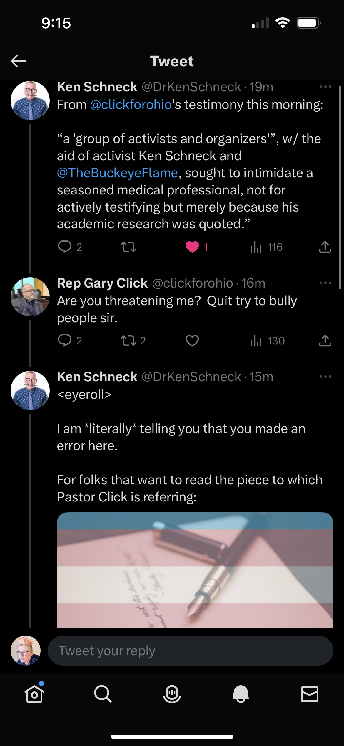 Image of interaction bt at click for ohio Gary Click's Twitter account and editor Dr. Ken Schneck, accusing him of bullying him