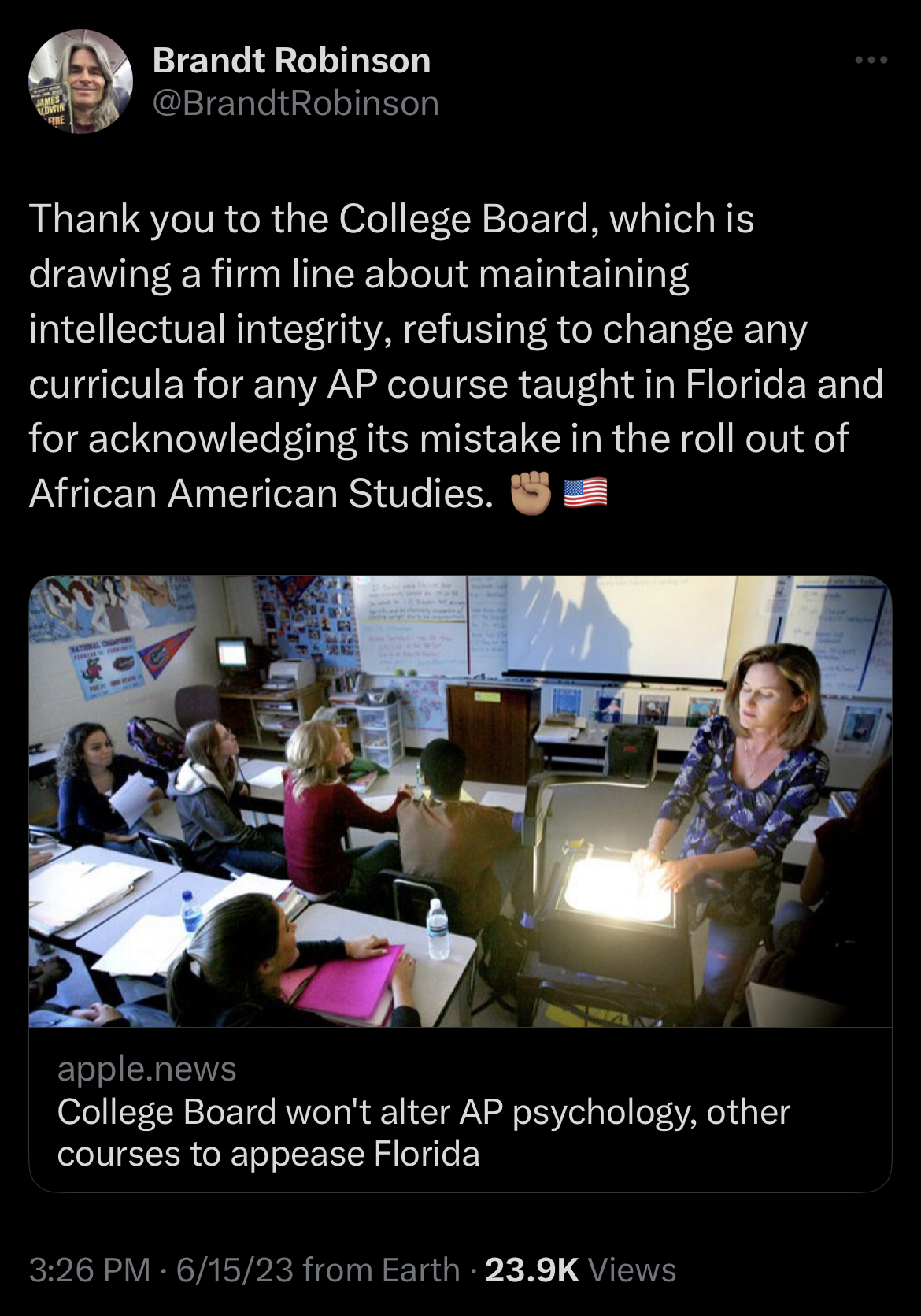 Thank you to the College Board, which is drawing a firm line about maintaining intellectual integrity, refusing to change any curricula for any AP course taught in Florida and for acknowledging its mistake in the roll out of African American Studies.