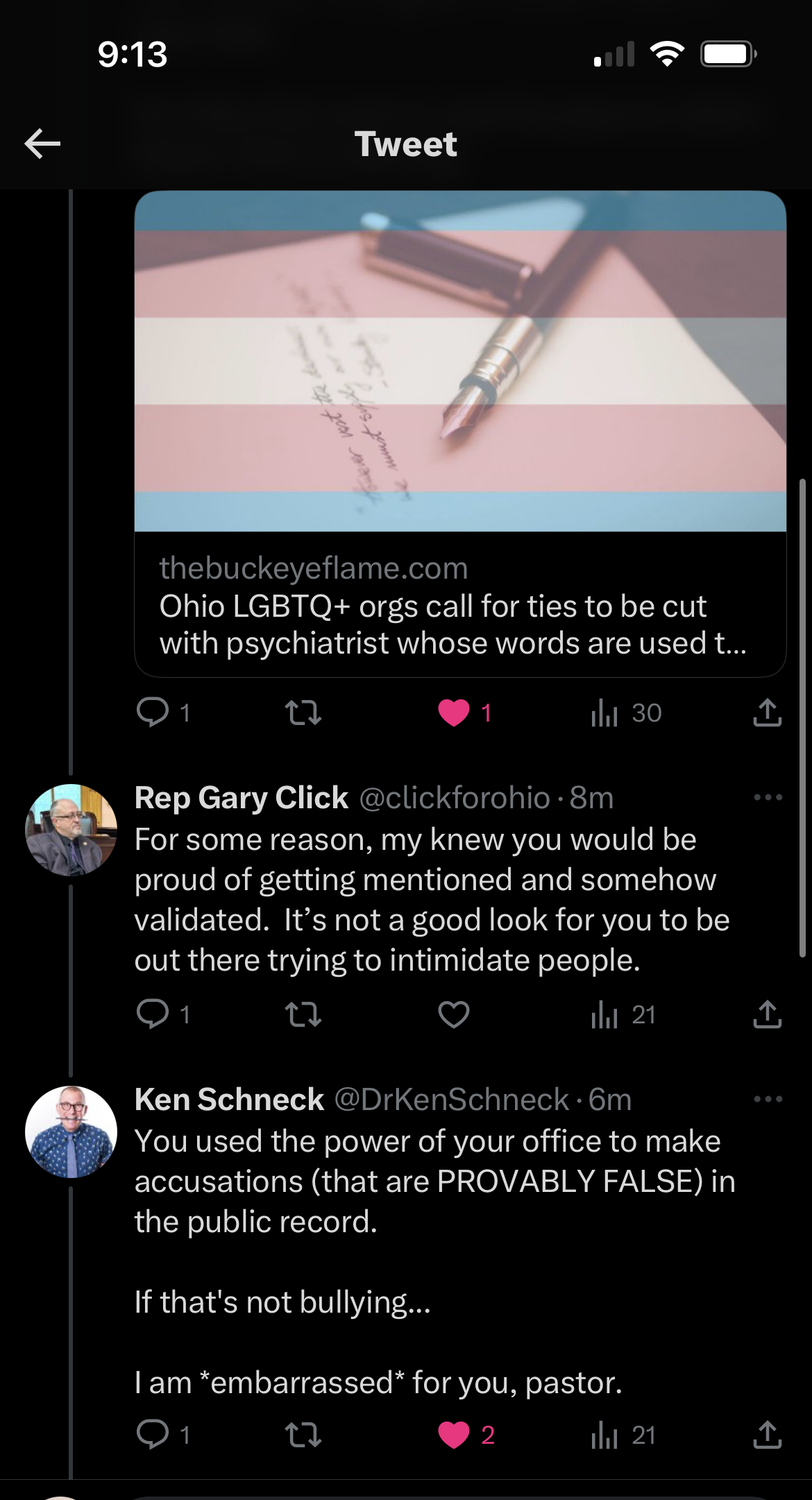 Image of pastor and Ohio State Representative Gary Click, sponsor of CCV backed HB 68, bullying queer people in real time while simultaneously introducing legislation. He's actively and boldly abusing his power without consequence in real time.