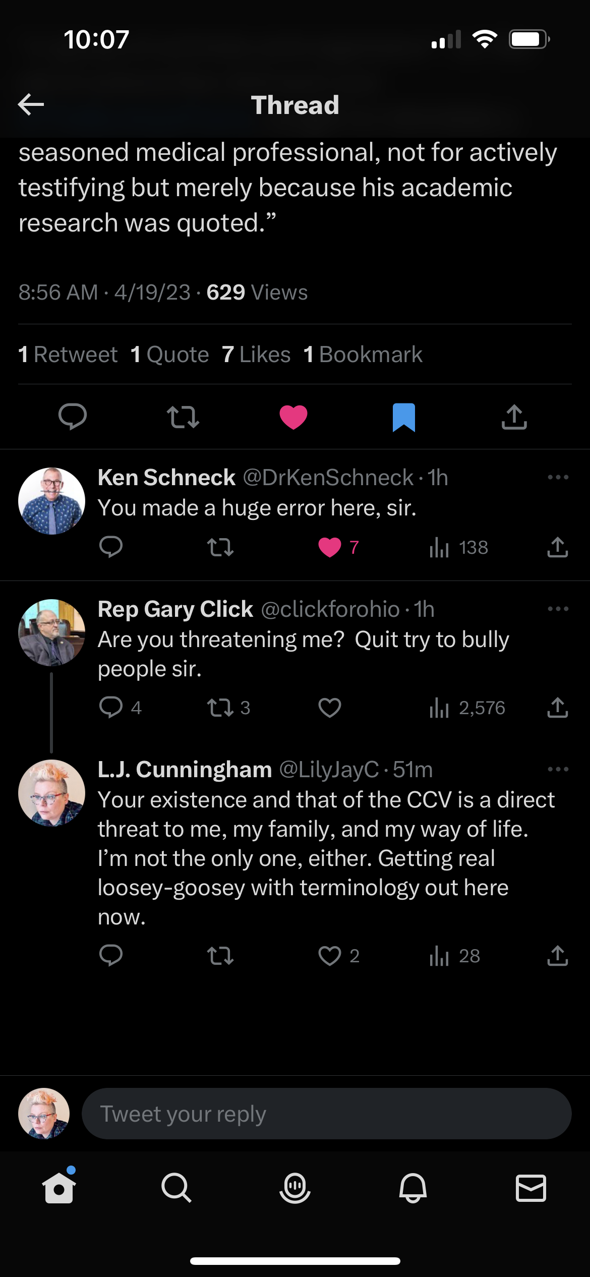image of ongoing thread where Gary Click is harassing openly gay Dr. Ken Schneck of the Buckeye Flame. I ask Ken if Gary is harassing constituents in real time