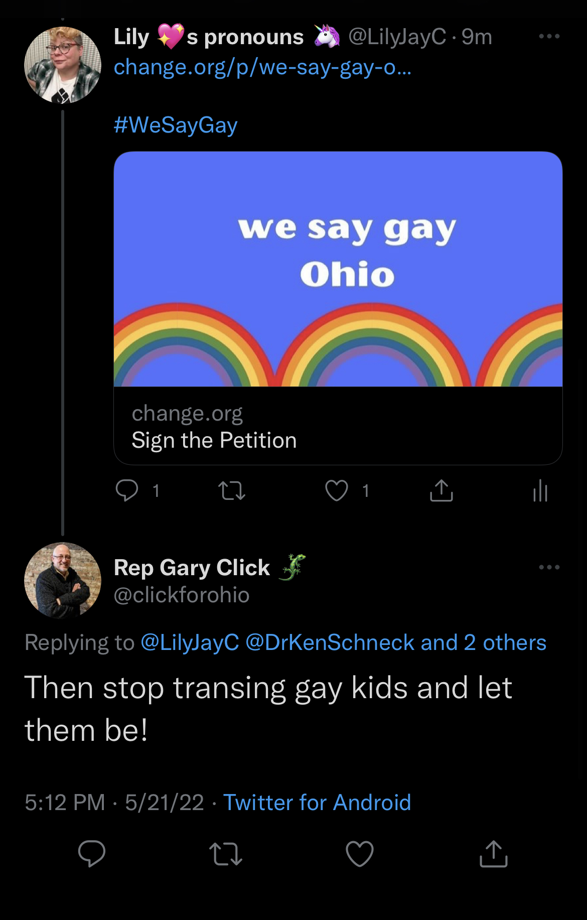 Image of the first day State Rep Gary Click began bullying me on Twitter last may. He's telling me to "stop transing gay kids and let them be!"