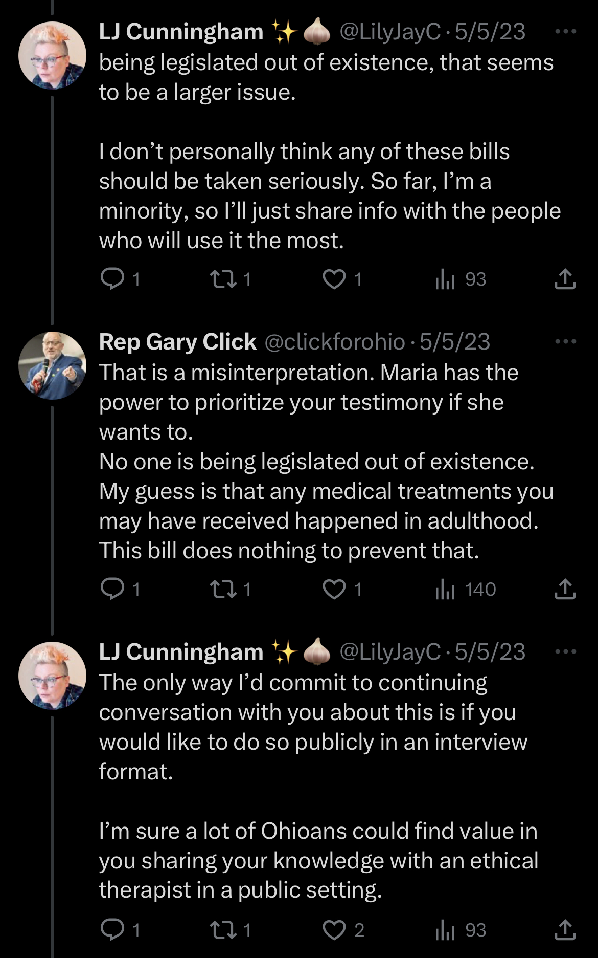 Continued thread where I explain to Gary that my feeling is that the larger issue is, there's no safe guards that dis allow for these bills in the first place, and I am being legislated out of existence. Gary replies that this is "a misrepresentation" and Tweets that "Maria" could let me testify if she wanted to. I ignore that and offer to speak in a public forum, as I'm an ethical counselor and perhaps others would find value in that.