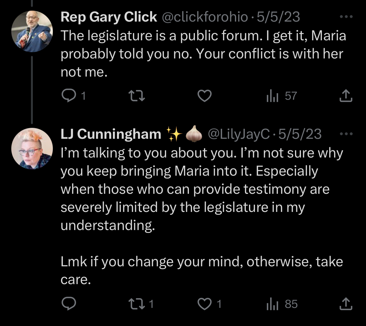 Gary Click again deflect to "Maria" regarding opponent testimony and says, "I get it. Maria probably told you no. Your conflict is with her, not me. I reply, I'm talking to you about you. I'm not sure why you keep bringing Maria into this. Especially when those who can provide testimony are severely limited by the legislature in my understanding. Lmk if you change your mind. Otherwise, take care.