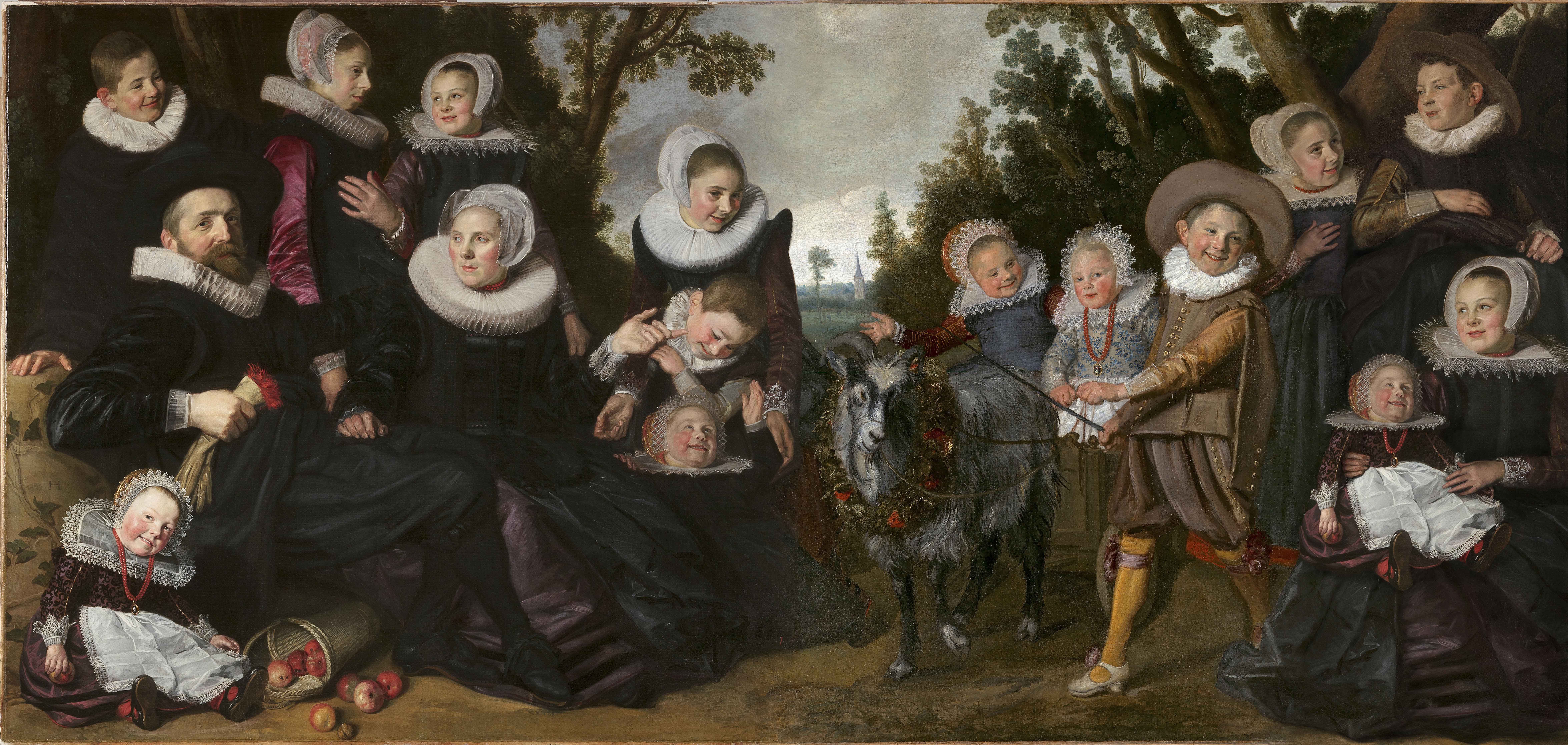 A painting showing a man smiling and reclining in pilgrims clothing. a woman is beside him as if trying to get his attention. They are surrounded by 12 children, all dressed like pilgrims