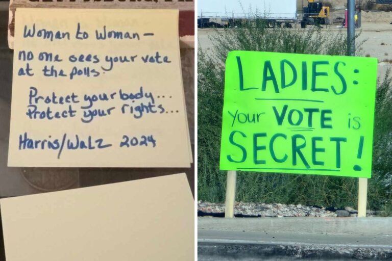 Image of a handwritten note in white with blue ink reading: woman to woman--no one sees your vote at the polls. Protect your body...protect your rights...harris/walz 2024. next to that is an image of a neon green poster board reading ladies vote secret!