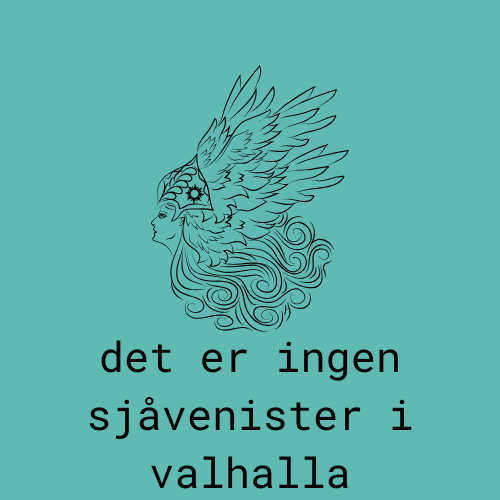 teal background with left facing valkyrie in black outline reads there are no chauvenists in valhalla in Norweigen: det er ingen sjaveister i valhalla