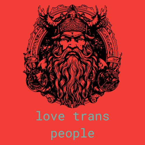 red background. thor outlined in black, forward facing. reads in teal: love trans people