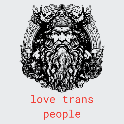 white background with black outline of thor. love trans people in red english underneath.